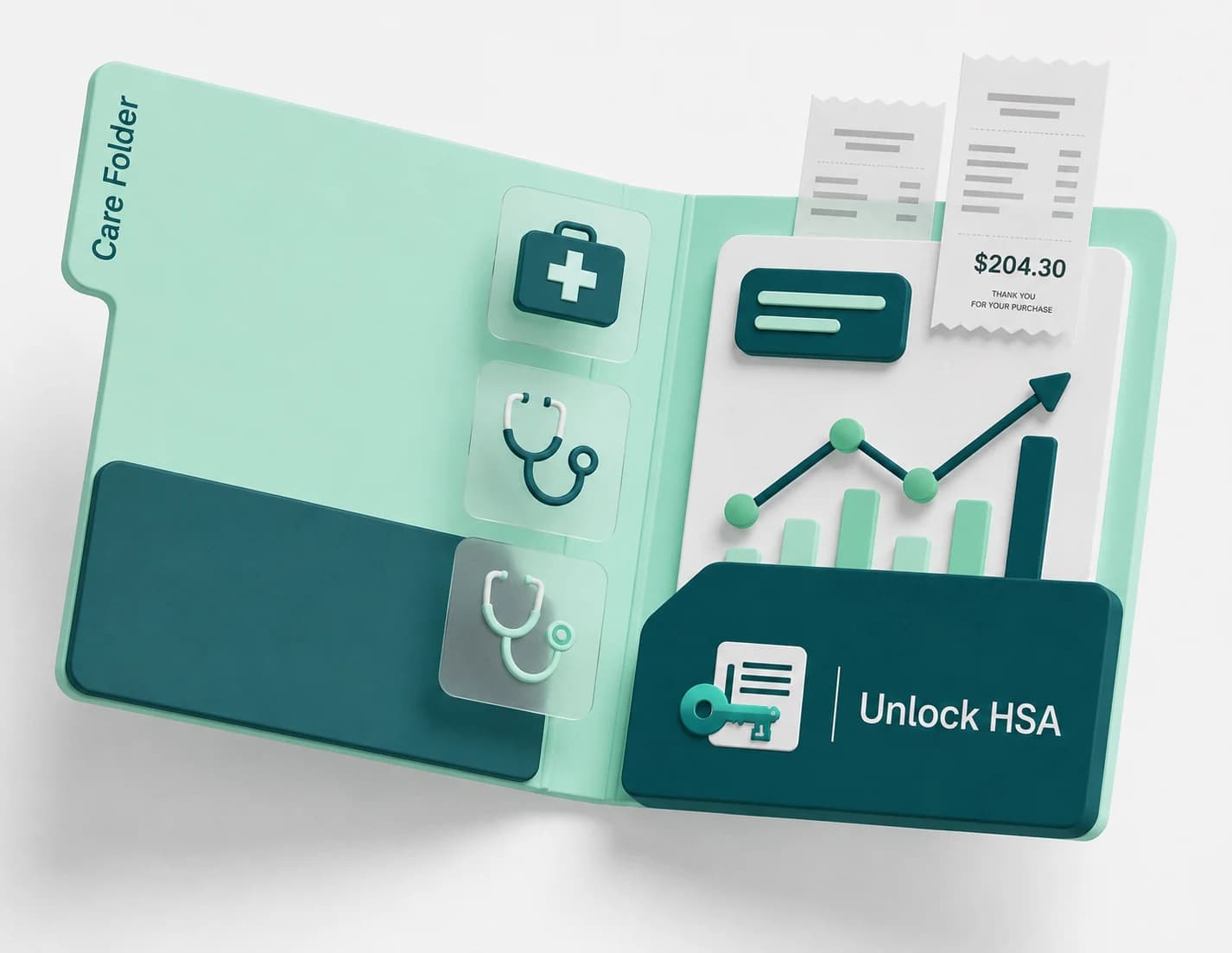 Unlock HSA care folder illustration with receipts, a chart, and medical record icons.